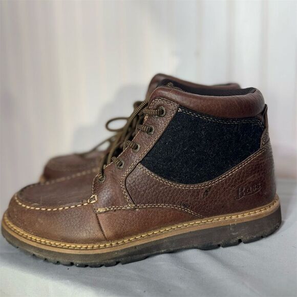 G.H. Bass Malcolm Men’s 10M Brown Leather Moc Toe Boots Wool Panel Lug Sole - Picture 2 of 7